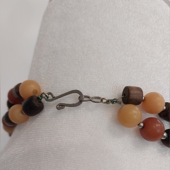 Vintage Stone and Wood Beaded Necklace Geometric Inlay Pendant Neutral Colors - Picture 10 of 16